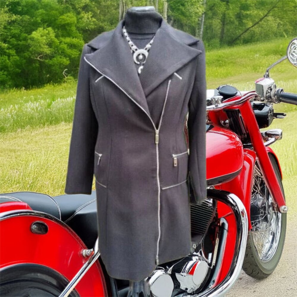 Black Biker Moto Stylish Coat Medium - Picture 3 of 8